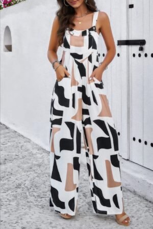 Geo Print Smocked Sleeveless Pockets Jumpsuit Geo Print Smocked Sleeveless Pockets Jumpsuit