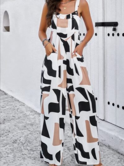 Geo Print Smocked Sleeveless Pockets Jumpsuit Geo Print Smocked Sleeveless Pockets Jumpsuit