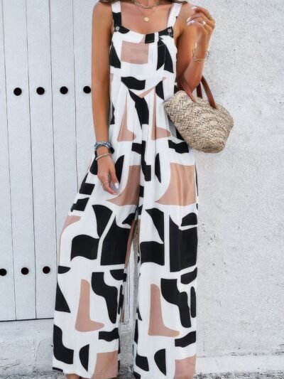 Geo Print Smocked Sleeveless Pockets Jumpsuit Geo Print Smocked Sleeveless Pockets Jumpsuit