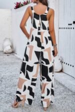 Geo Print Smocked Sleeveless Pockets Jumpsuit - Image 18