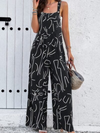 Geo Print Smocked Sleeveless Pockets Jumpsuit Geo Print Smocked Sleeveless Pockets Jumpsuit