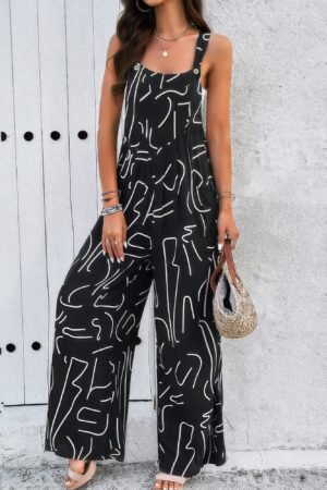 Geo Print Smocked Sleeveless Pockets Jumpsuit Geo Print Smocked Sleeveless Pockets Jumpsuit