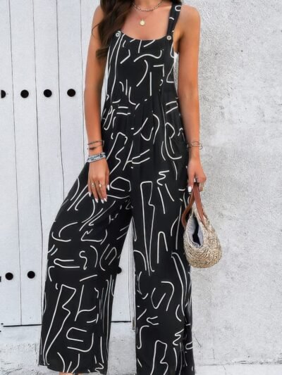 Geo Print Smocked Sleeveless Pockets Jumpsuit Geo Print Smocked Sleeveless Pockets Jumpsuit