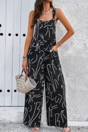 Geo Print Smocked Sleeveless Pockets Jumpsuit Geo Print Smocked Sleeveless Pockets Jumpsuit