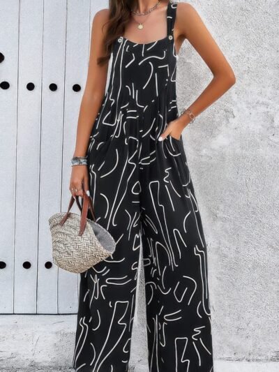 Geo Print Smocked Sleeveless Pockets Jumpsuit Geo Print Smocked Sleeveless Pockets Jumpsuit