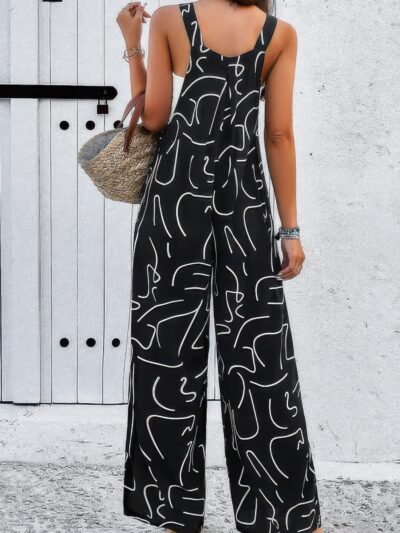 Geo Print Smocked Sleeveless Pockets Jumpsuit Geo Print Smocked Sleeveless Pockets Jumpsuit