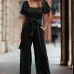 Square Neck Puff Sleeve Belted Fit Jumpsuit