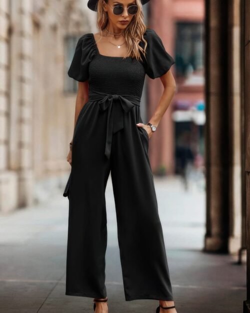 square neck puff sleeve belted fit jumpsuit