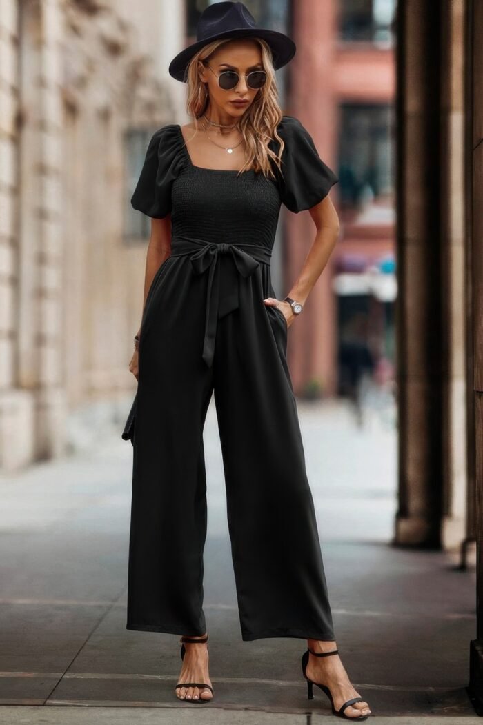 Square neck puff sleeve belted fit jumpsuit