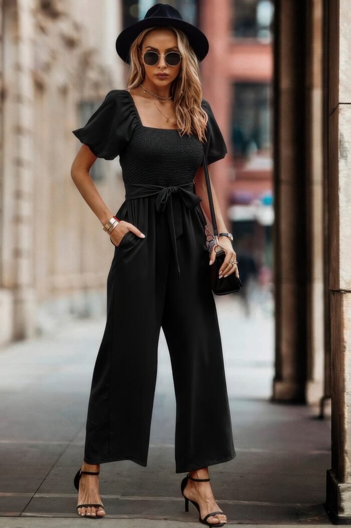 Square neck puff sleeve belted fit jumpsuit