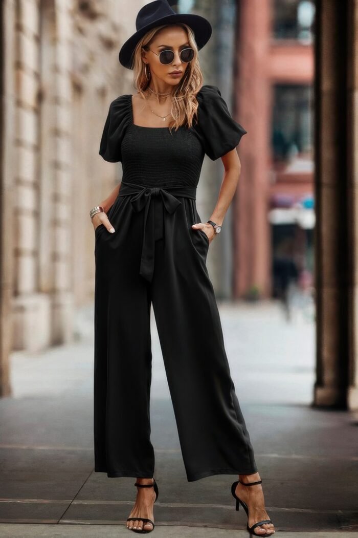 Square neck puff sleeve belted fit jumpsuit