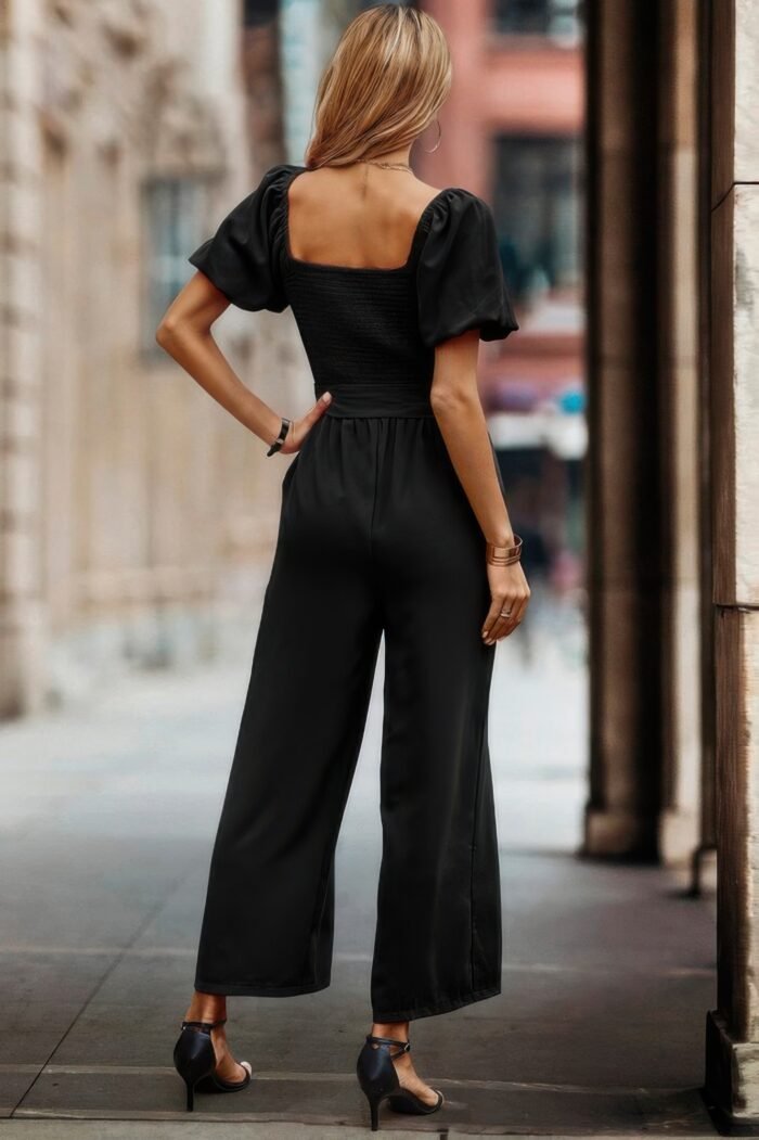 Square neck puff sleeve belted fit jumpsuit