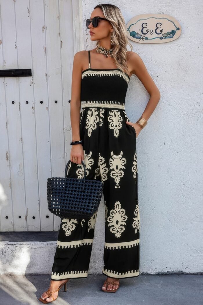 Geo print off shoulder high waist fit jumpsuit