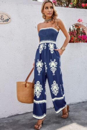 Geo Print Off Shoulder High Waist Fit Jumpsuit high waist geo print jumpsuit casual fit