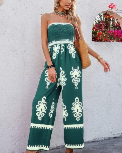 off-shoulder geo jumpsuit in green
