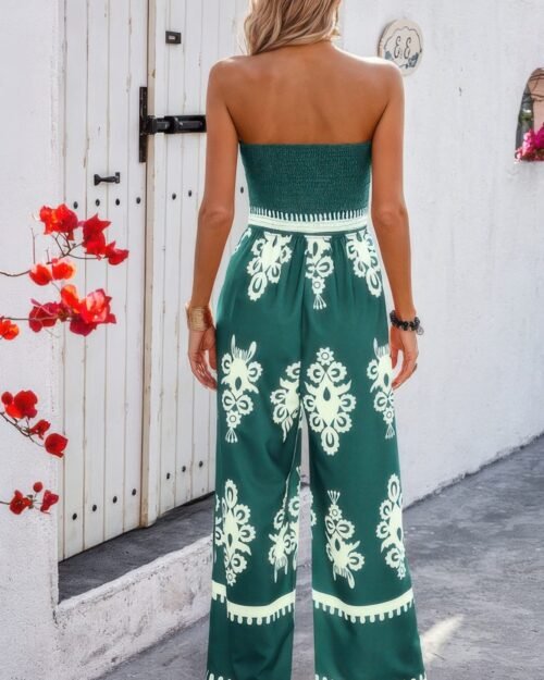 geo print off shoulder high waist fit jumpsuit