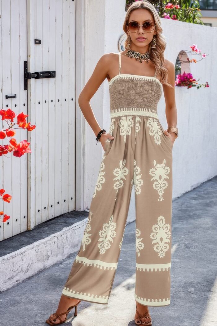 Geo print off shoulder high waist fit jumpsuit