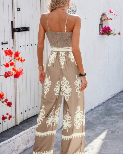 geo print off shoulder high waist fit jumpsuit