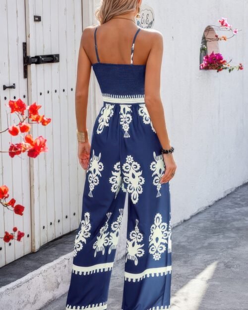 geo print off shoulder high waist fit jumpsuit