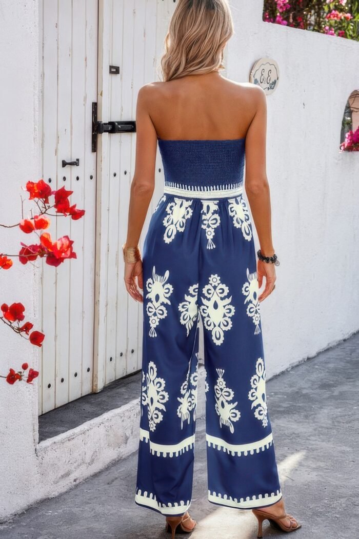 Geo print off shoulder high waist fit jumpsuit