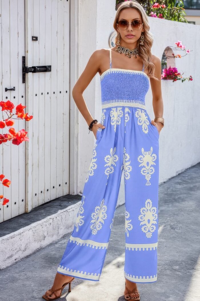 Geo print off shoulder high waist fit jumpsuit