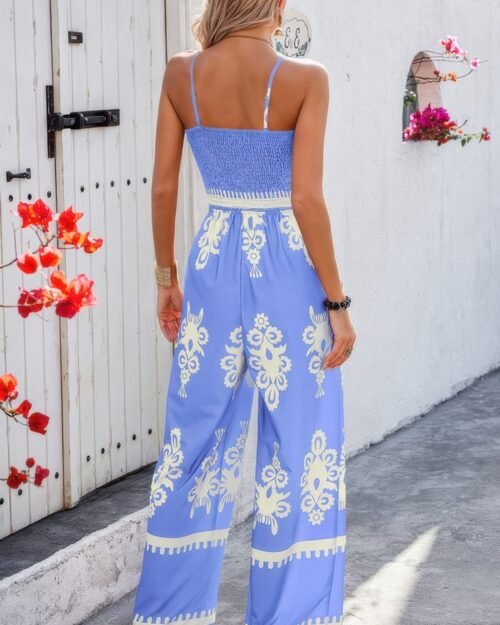 geo print off shoulder high waist fit jumpsuit