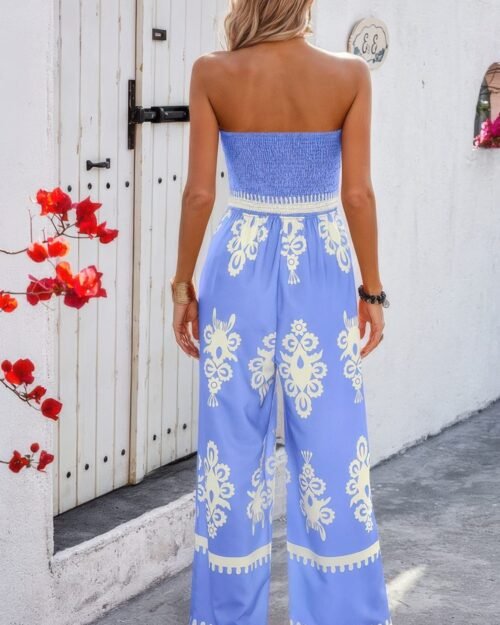 geo print off shoulder high waist fit jumpsuit