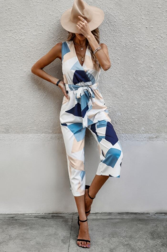 Sleeveless geo print wide leg belted jumpsuit - image 3