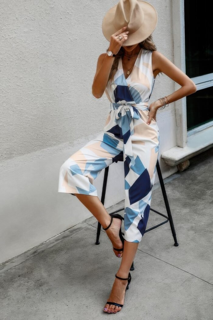 Sleeveless geo print wide leg belted jumpsuit - image 4