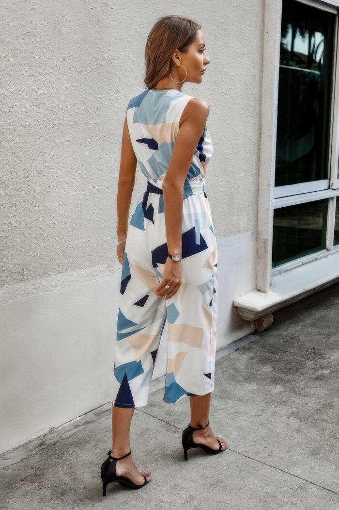Sleeveless geo print wide leg belted jumpsuit - image 5
