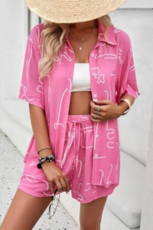 Allover Print Elastic Shorts Two Pieces Button Set Allover Print Elastic Shorts Two Pieces Button Set