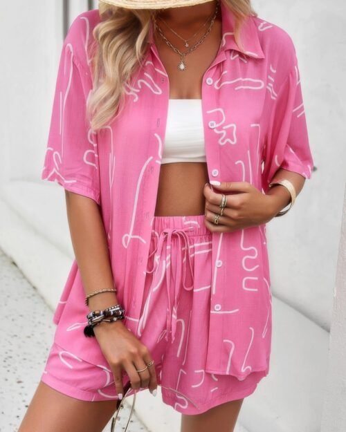 allover print elastic shorts two pieces button set