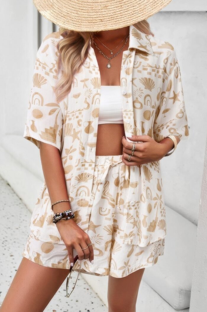 Allover print elastic shorts two pieces button set