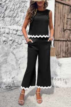 Two Pieces Printed Sleeveless Pockets Sets