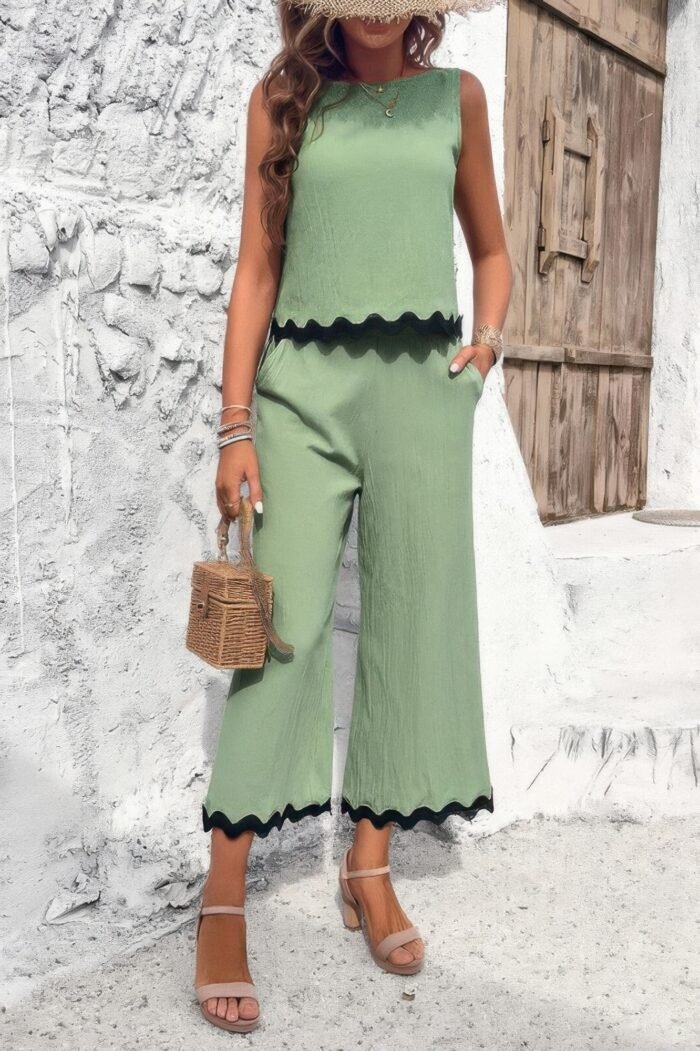 Two pieces printed sleeveless pockets sets
