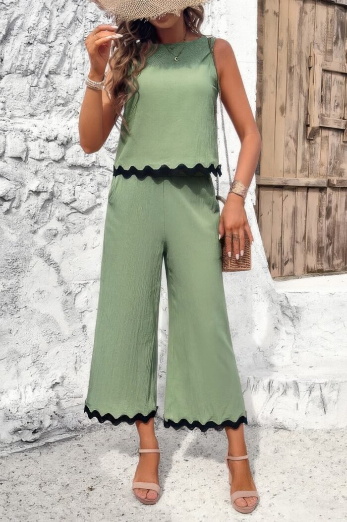 Two pieces printed sleeveless pockets sets