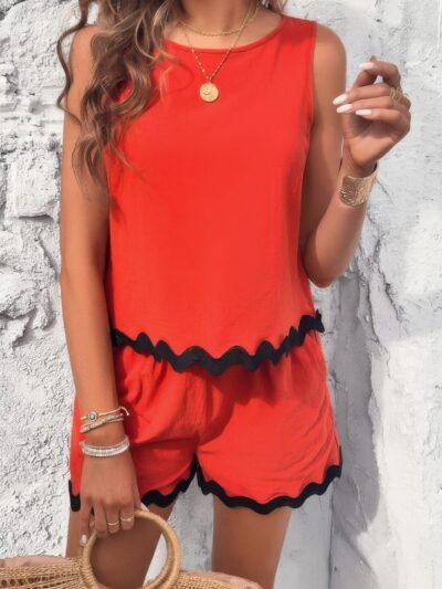 Two Pieces Printed Sleeveless Pockets Shorts Sets