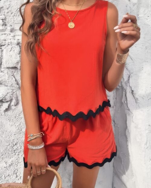 Two Pieces Printed Sleeveless Pockets Shorts Sets