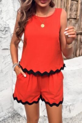 Two Pieces Printed Sleeveless Pockets Shorts Sets Two Pieces Printed Sleeveless Pockets Shorts Sets