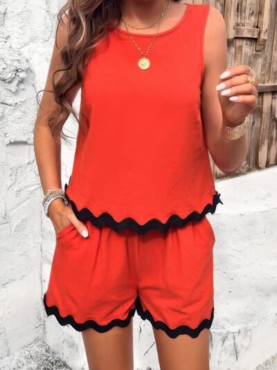 Two Pieces Printed Sleeveless Pockets Shorts Sets Two Pieces Printed Sleeveless Pockets Shorts Sets