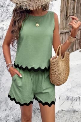 Two Pieces Printed Sleeveless Pockets Shorts Sets Two Pieces Printed Sleeveless Pockets Shorts Sets