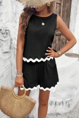 Two Pieces Printed Sleeveless Pockets Shorts Sets Two Pieces Printed Sleeveless Pockets Shorts Sets