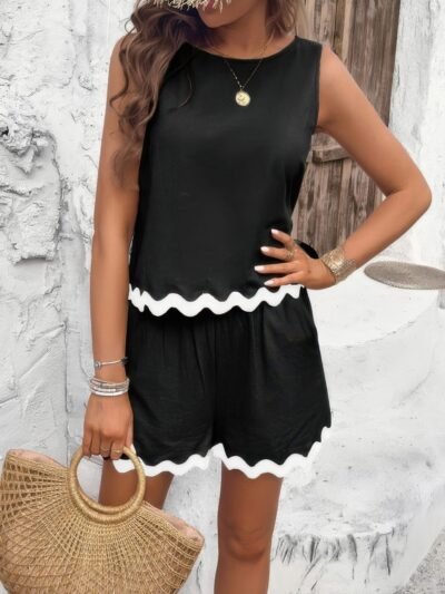 Two Pieces Printed Sleeveless Pockets Shorts Sets Two Pieces Printed Sleeveless Pockets Shorts Sets