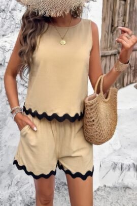Two Pieces Printed Sleeveless Pockets Shorts Sets Two Pieces Printed Sleeveless Pockets Shorts Sets