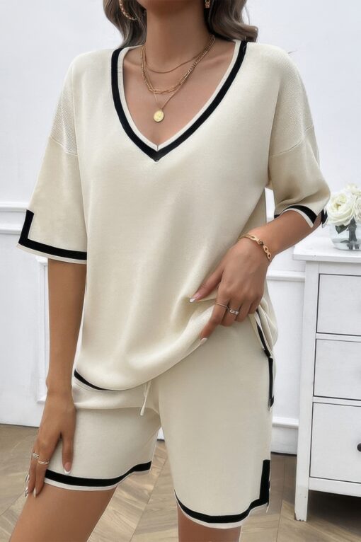 Knit Solid Deep V Neck Loose Drawstring Loose Set - Image 2
