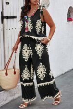 Plus Size Printed Knot Shoulder Wide Leg Sets - Image 2