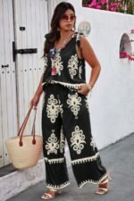 Plus Size Printed Knot Shoulder Wide Leg Sets - Image 3