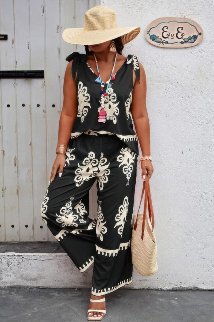 Plus size printed knot shoulder wide leg sets - image 5
