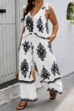 Plus Size Printed Knot Shoulder Wide Leg Sets - Image 7