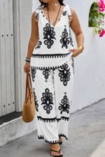 Plus Size Printed Knot Shoulder Wide Leg Sets - Image 8
